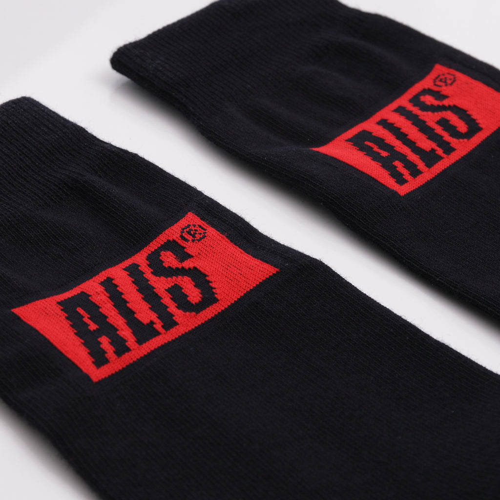 Alis black socks with red and black Alis logo
